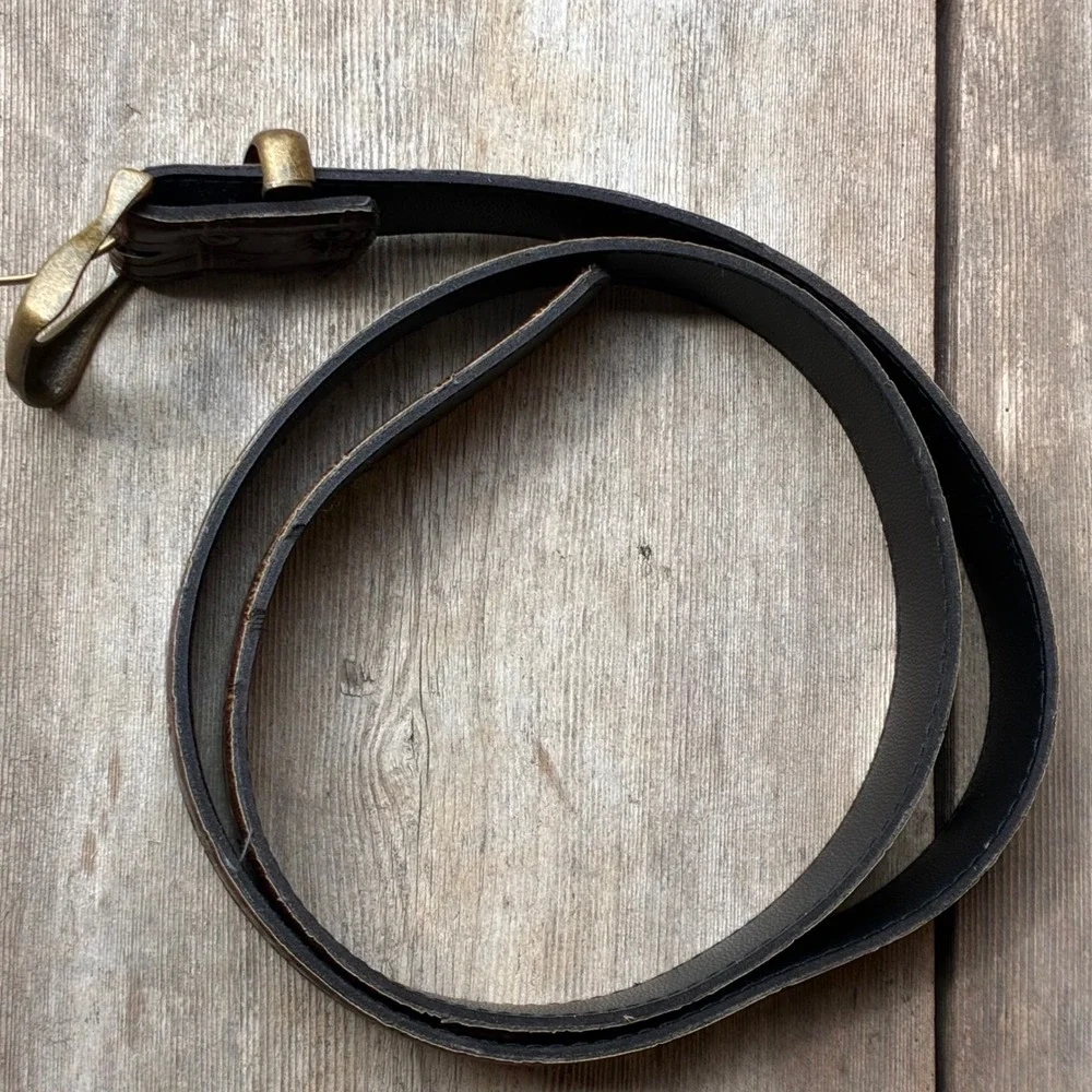 Vintage SLT Brown Alligator Croc Embossed Leather Belt 38 Antique Brass Buckle